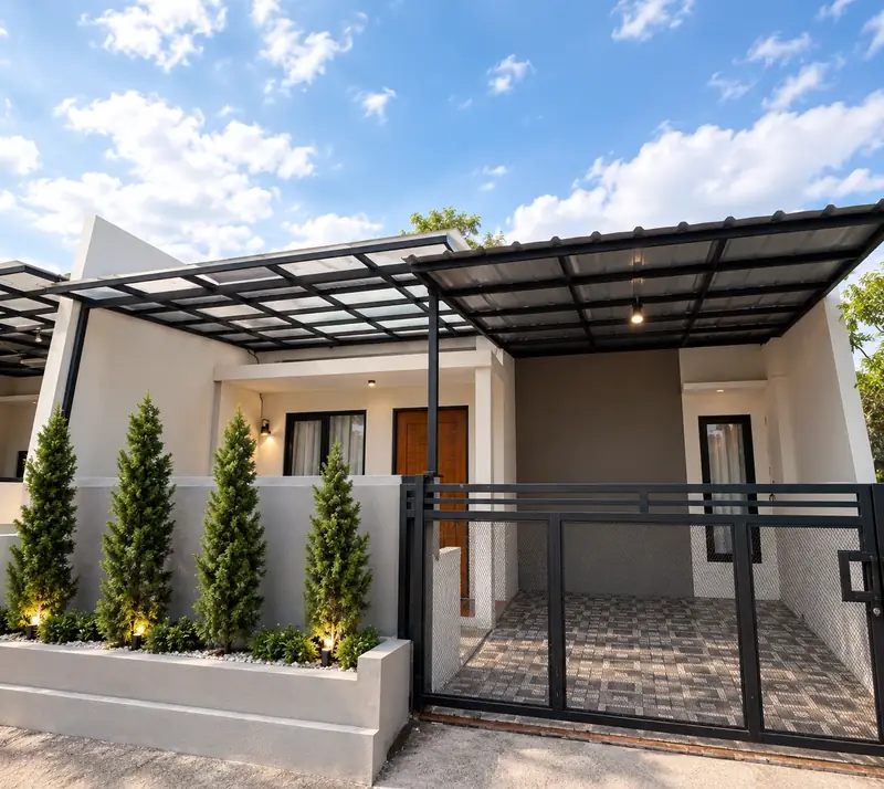 Rumah terbangun di Z Land Katapang dengan canopy, pagar, dan taman depan