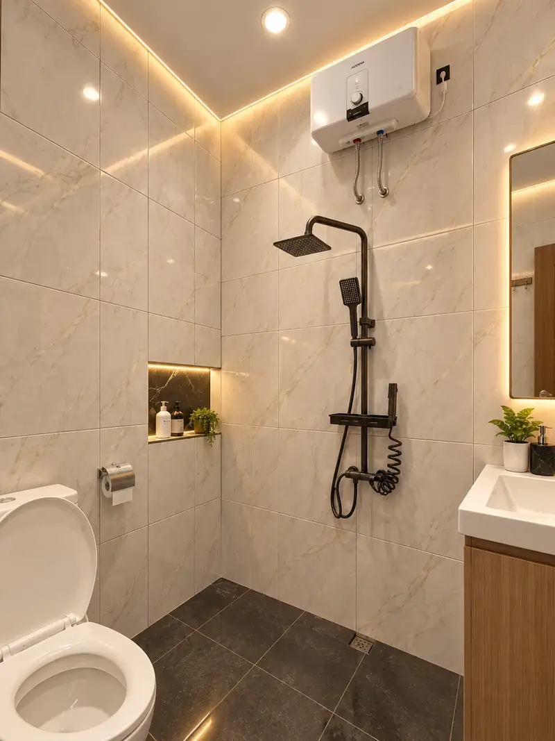 Kamar mandi dengan shower dan closet duduk