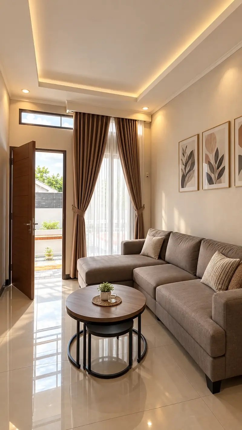 Ruang tamu dengan sofa L dan jendela tinggi