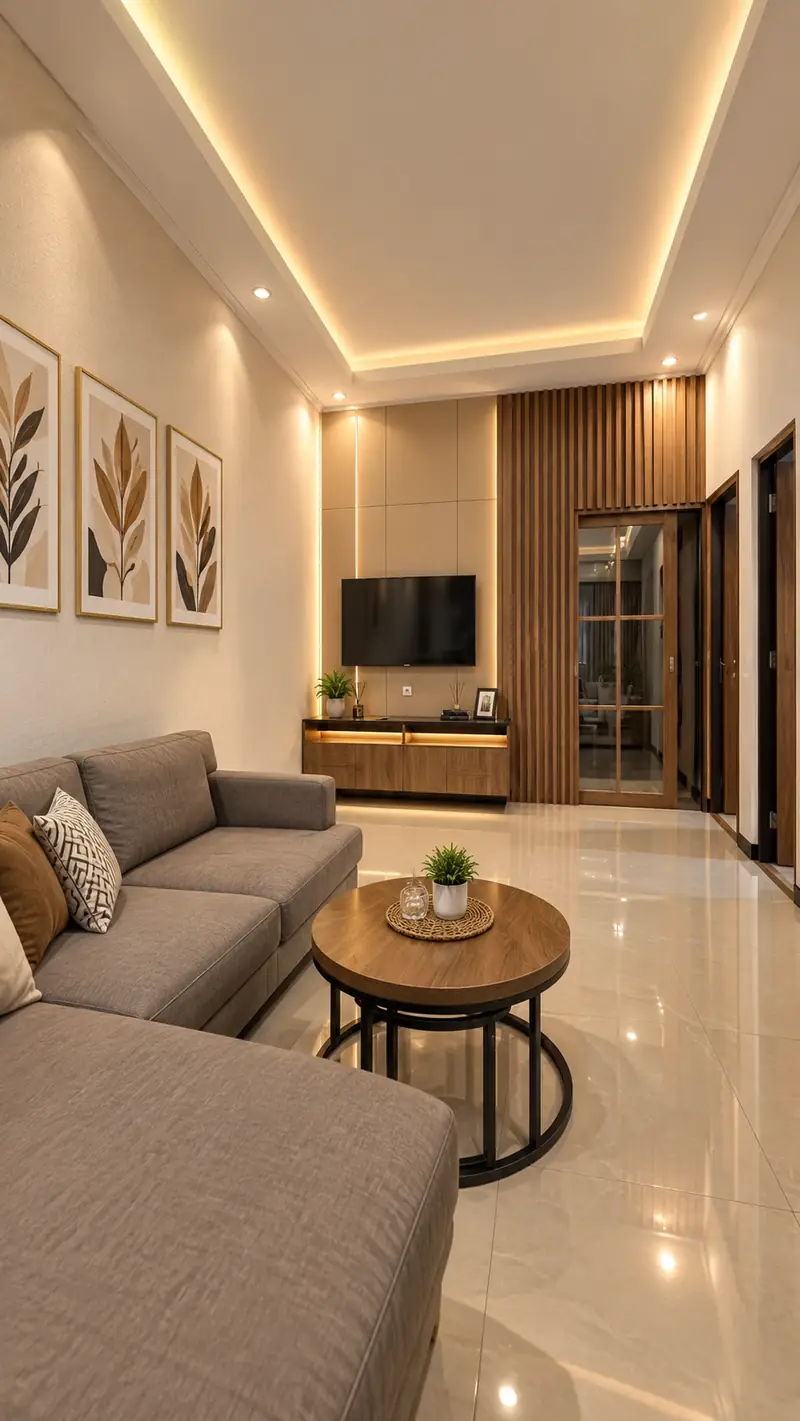 Ruang keluarga dengan backdrop TV dan partisi kayu