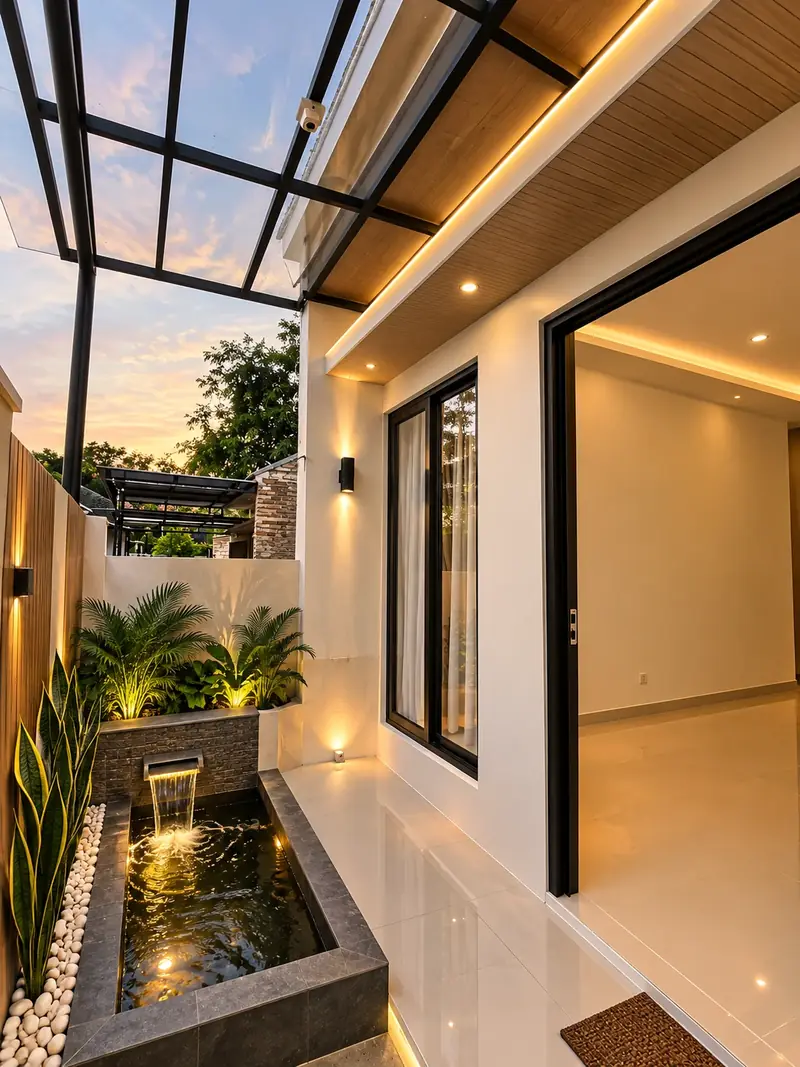 Taman samping dengan kolam kecil